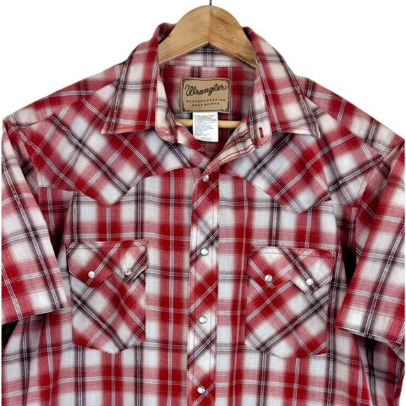Wrangler Western Shirt Men's Size XL Pearl Snap Red Metallic Plaid Country Fit‎ - Picture 2 of 4